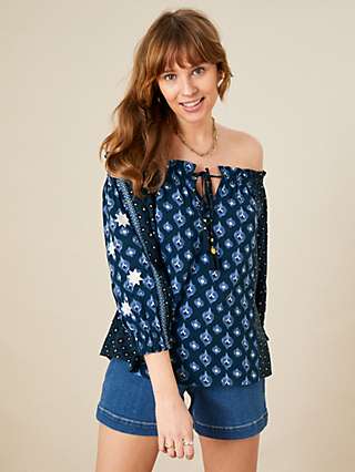 Monsoon Patch Print Off Shoulder Top, Navy/Multi