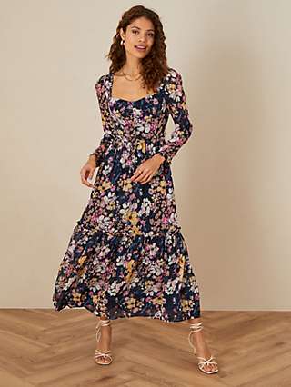Monsoon Nina Floral Print Tiered Midi Dress, Navy/Multi