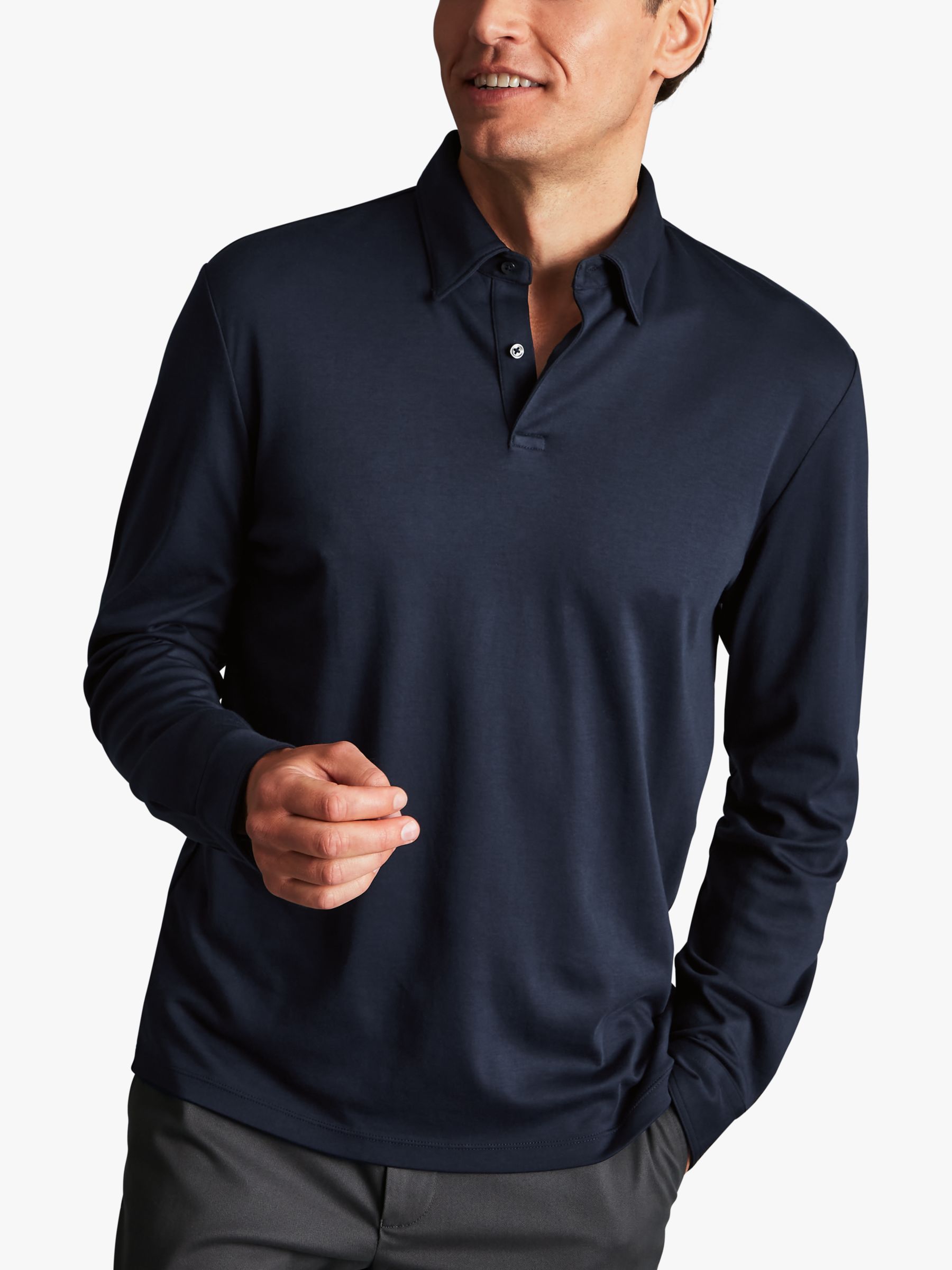 Mens Charles Tyrwhitt Plain Long Sleeve Smart Jersey Polo Shirt - Blue
