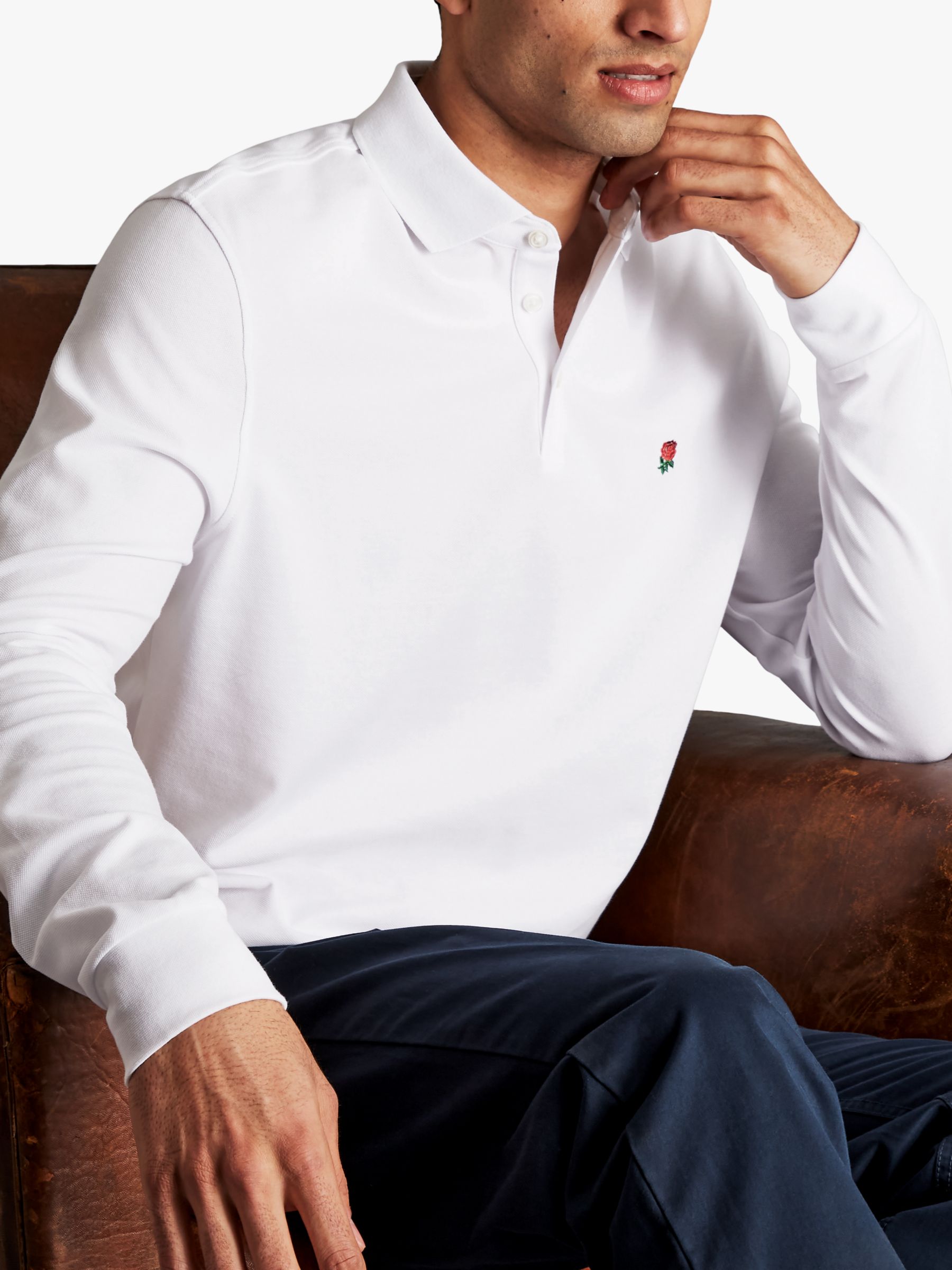 Charles Tyrwhitt England Rugby Long Sleeve Pique Polo Shirt, White, S
