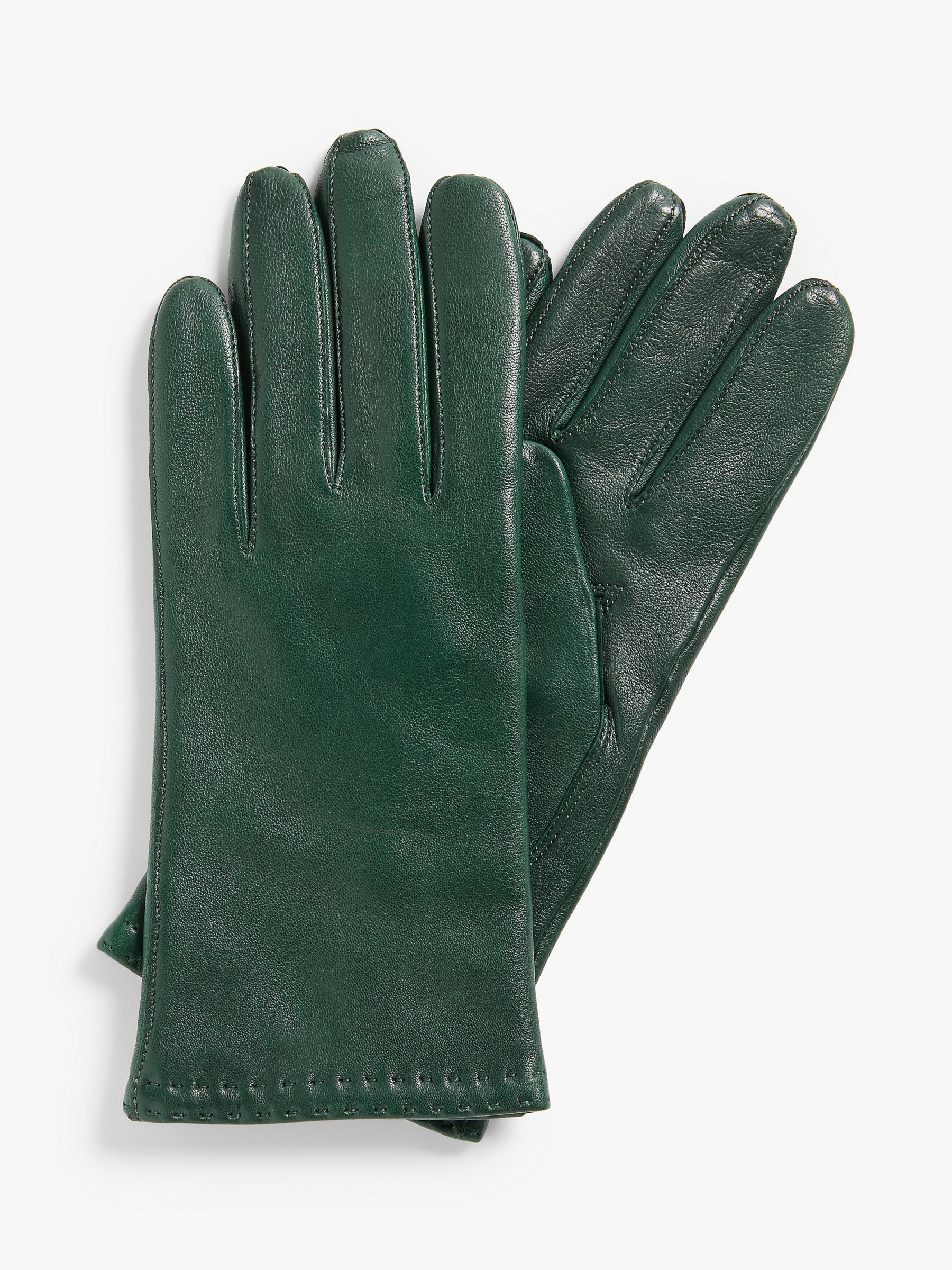 John Lewis Cashmere Lined Leather Double Stitch Row Gloves, Forest Green, XS