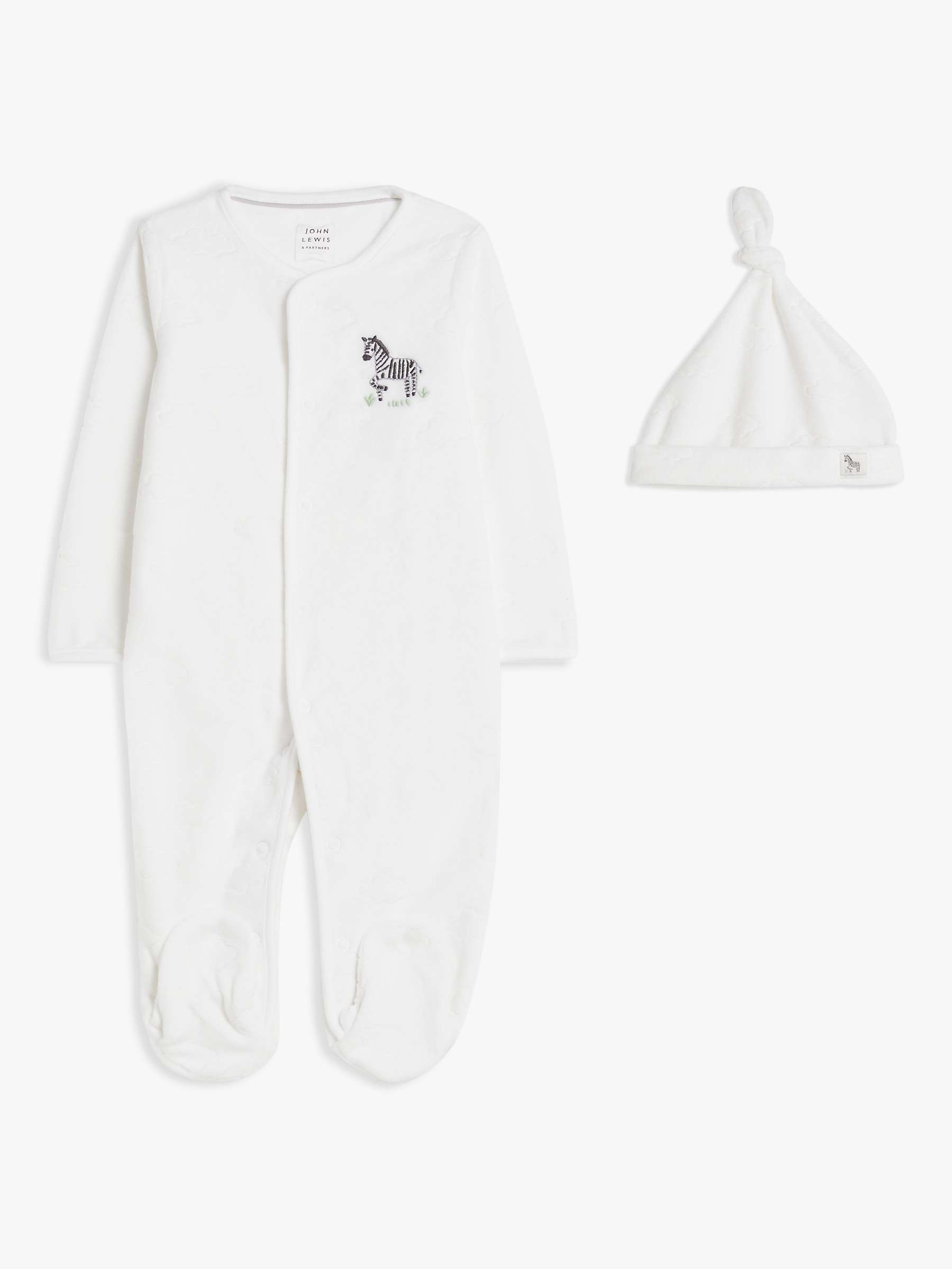 Buy John Lewis Baby Zebra Motif Velour Sleepsuit & Hat, White Online at johnlewis.com