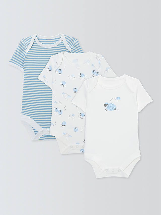 John Lewis Baby Sheep/Stripe Short Sleeve Bodysuits, Pack of 3, Blue