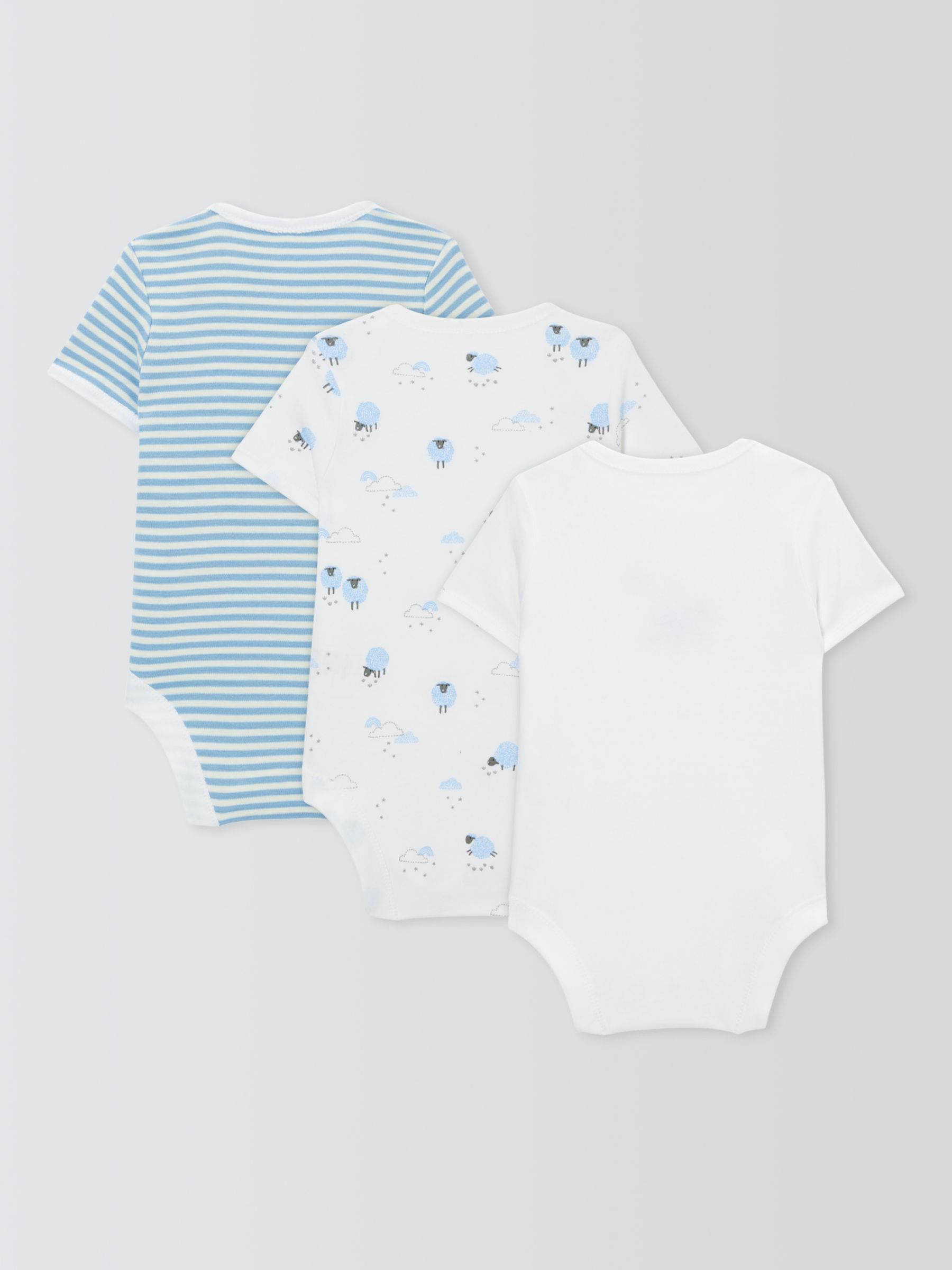 John Lewis Baby Sheep/Stripe Short Sleeve Bodysuits, Pack of 3, Blue, Newborn