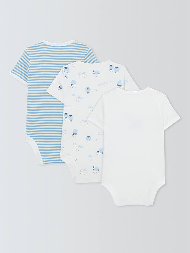 John Lewis Baby Sheep/Stripe Short Sleeve Bodysuits, Pack of 3, Blue