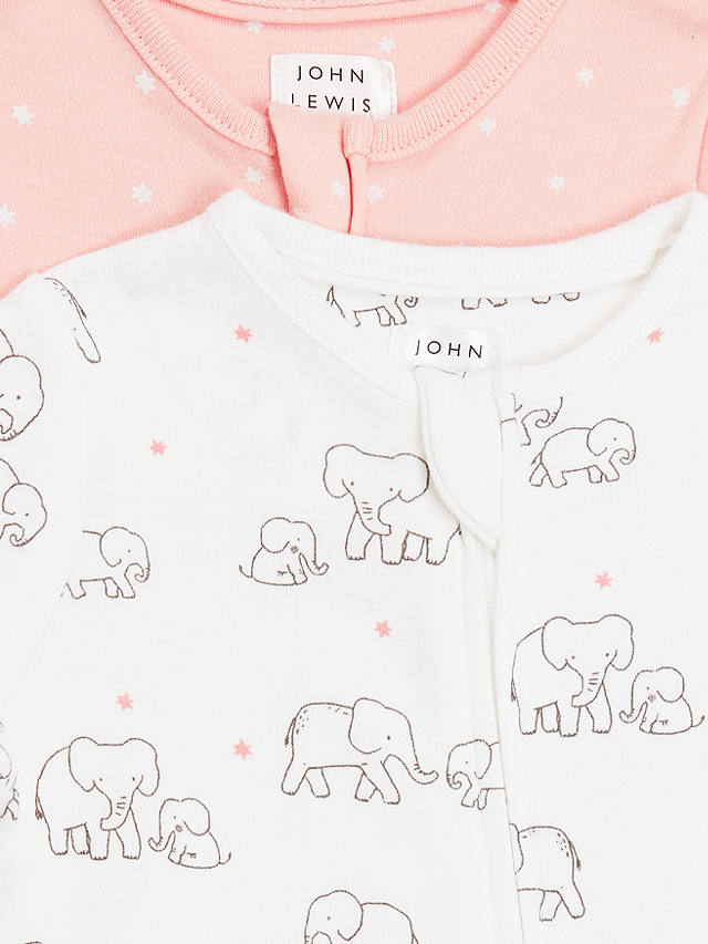 John Lewis Elephant Sleepsuit, Pack of 2, Pink