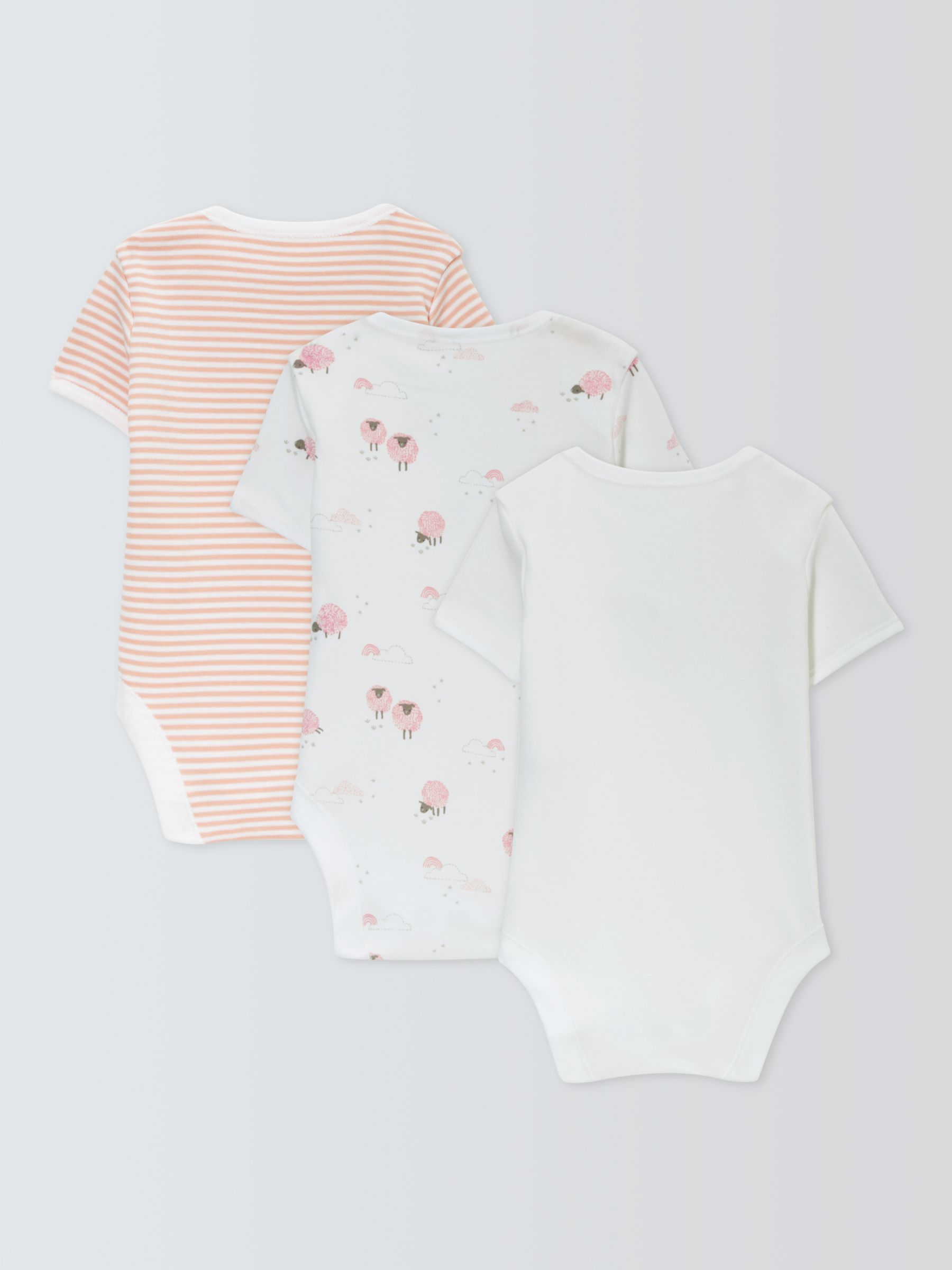 John Lewis Baby Sheep/Stripe Short Sleeve Bodysuits, Pack of 3, Pink, Newborn