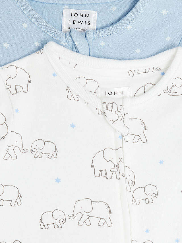 John Lewis Elephant Sleepsuit, Pack of 2, Blue
