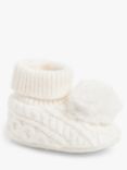 John Lewis Baby Cable Knit Pom Pom Slippers, White