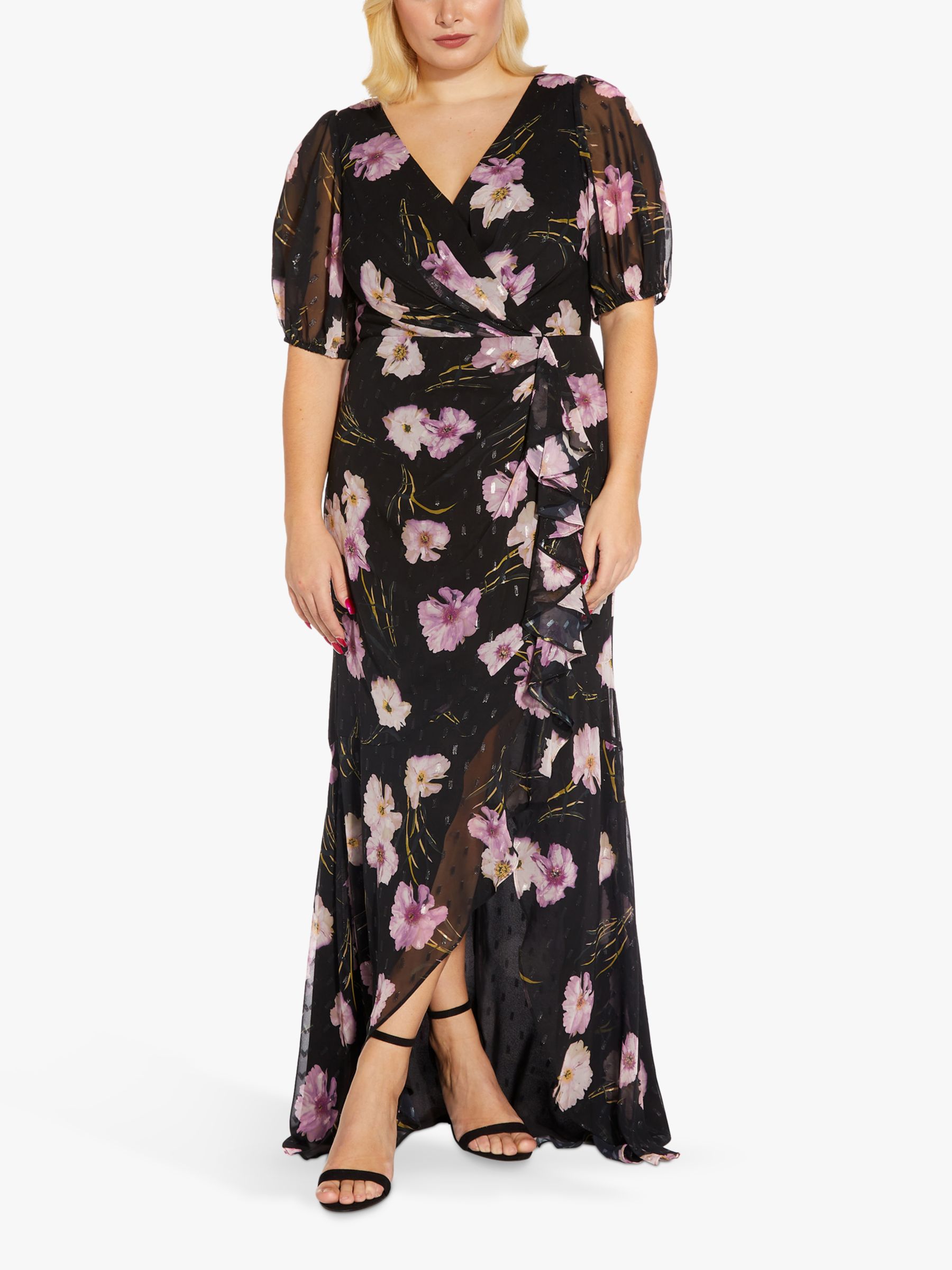 Adrianna Papell Plus Size Floral Chiffon Wrap Maxi Dress, Black/Multi