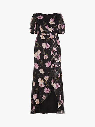 Adrianna Papell Plus Size Floral Chiffon Wrap Maxi Dress, Black/Multi