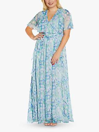 Adrianna Papell Plus Size Chiffon Capelet Floral Maxi Dress, Blue