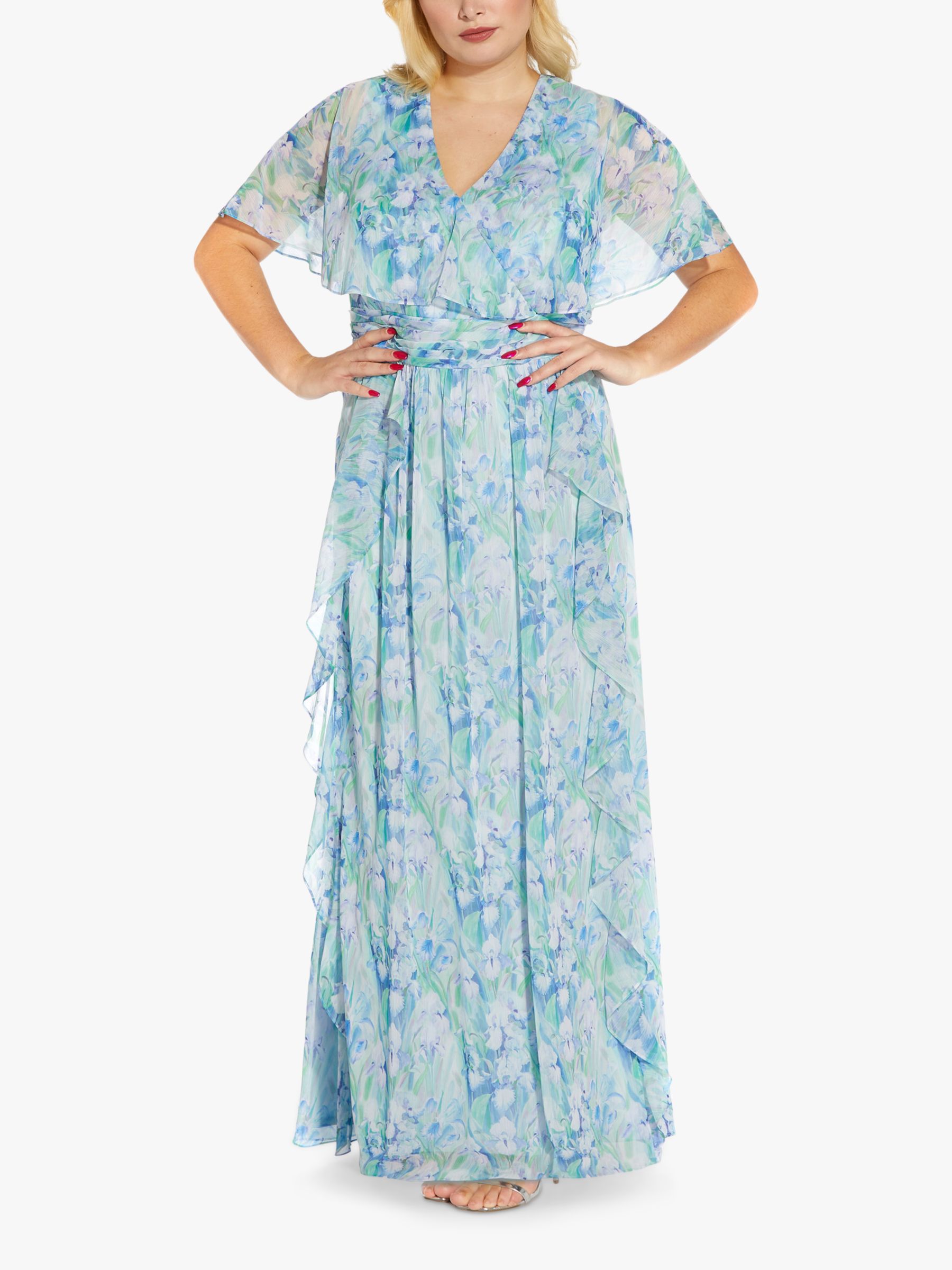 Adrianna Papell Plus Size Chiffon Capelet Floral Maxi Dress, Blue