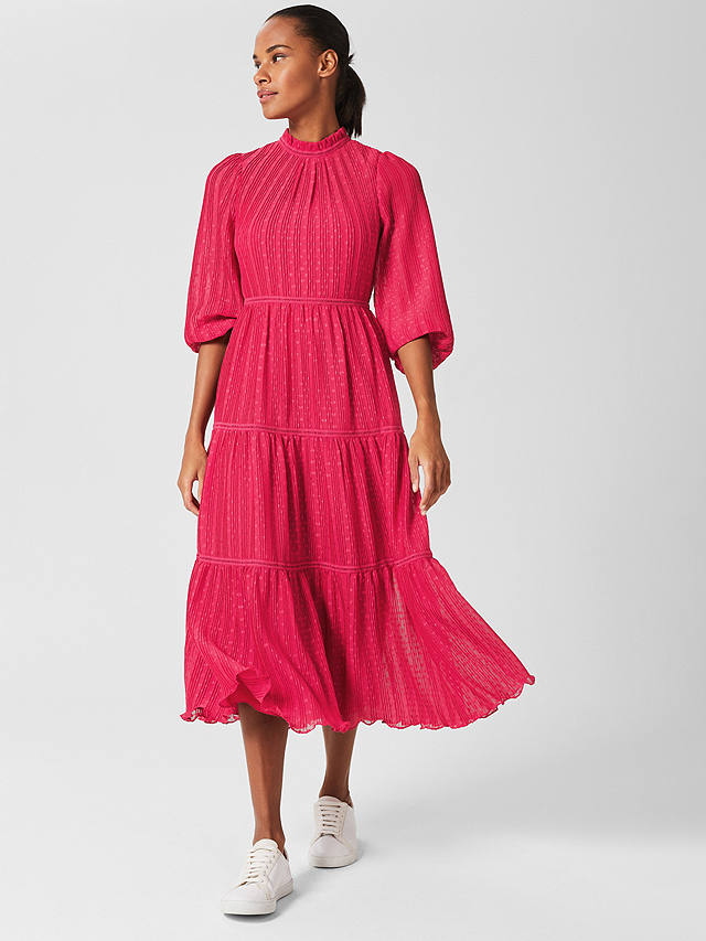 Hobbs Colette Textured Midi Dress, Cerise Pink