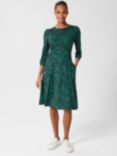 Hobbs Indi Leaf Print Jersey Midi Dress, Green/Multi