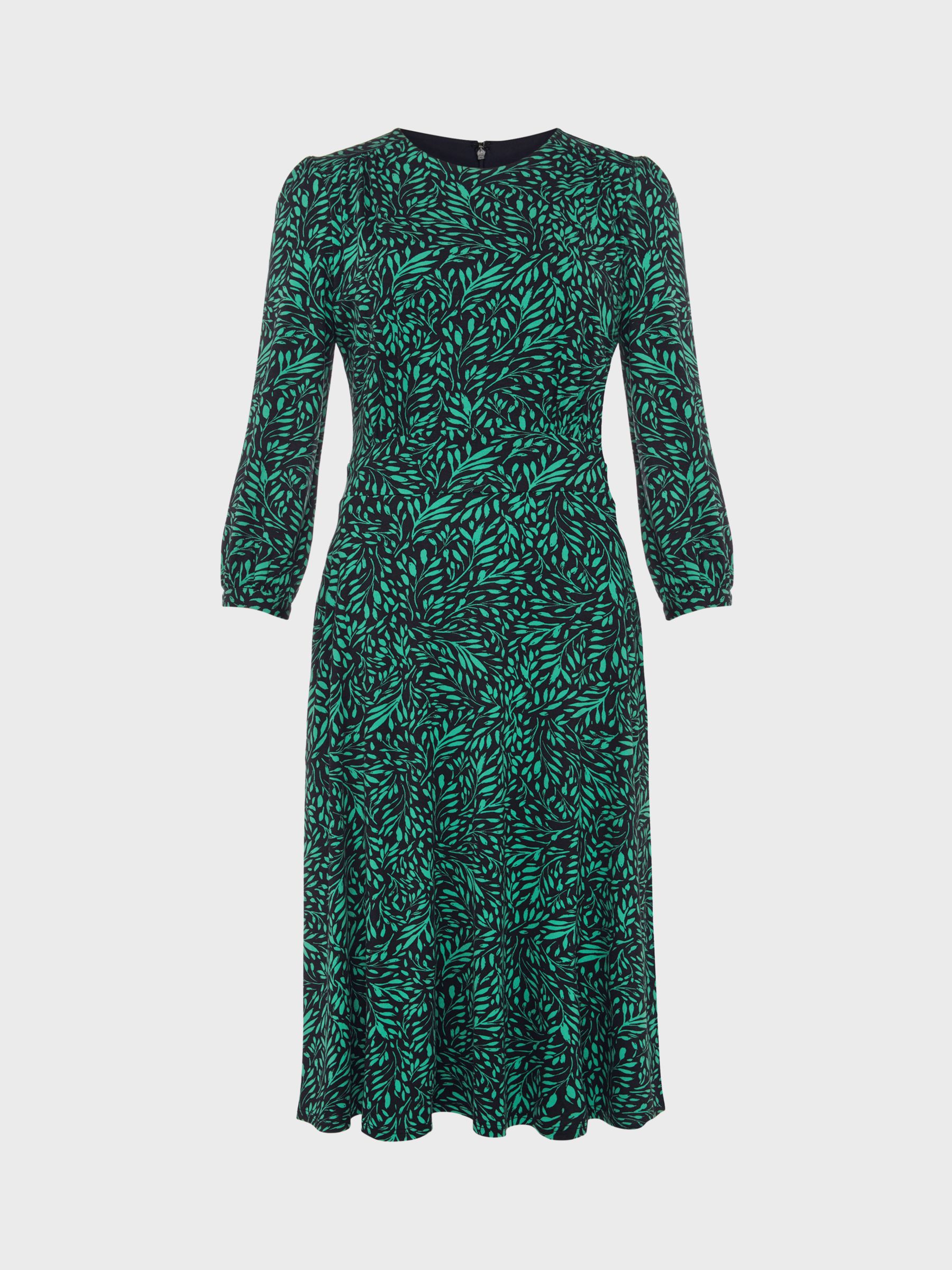 Hobbs Indi Leaf Print Jersey Midi Dress, Green/Multi at John Lewis ...