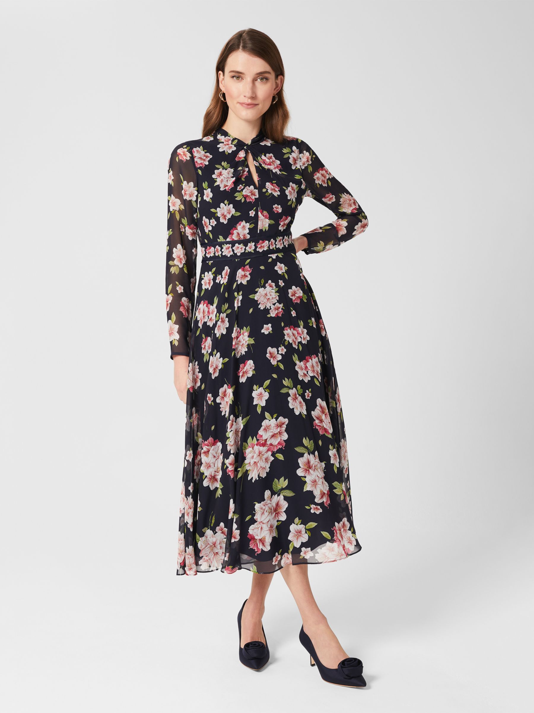 Hobbs Helena Floral Silk Midi Dress, Navy/Multi at John Lewis & Partners