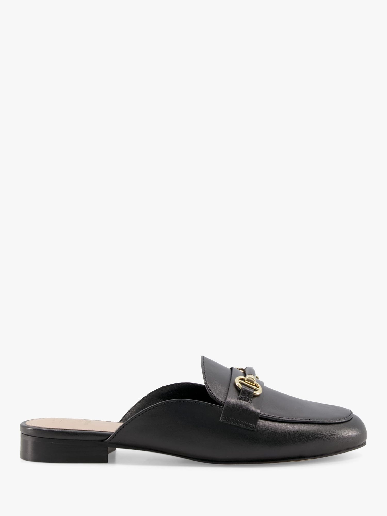 Dune Wide Fit Glowin Leather Snaffle Trim Backless Loafers, Black at ...