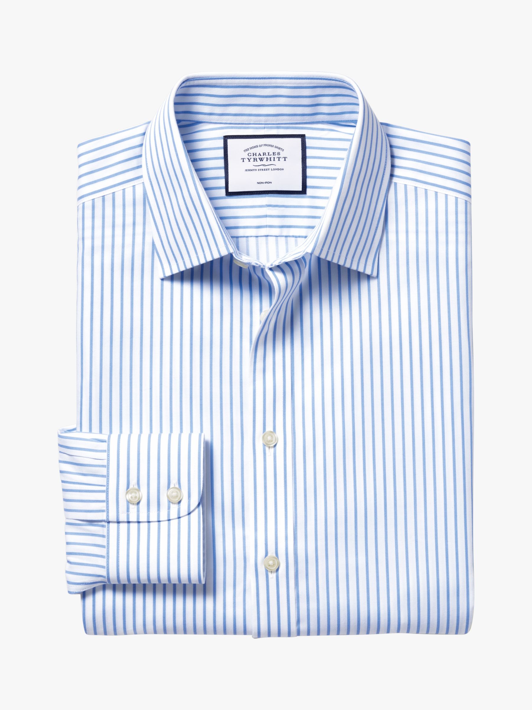 Charles Tyrwhitt Classic Collar Non-Iron Twill Stripe Slim Fit Shirt, White/Sky Blue, 15.5 34