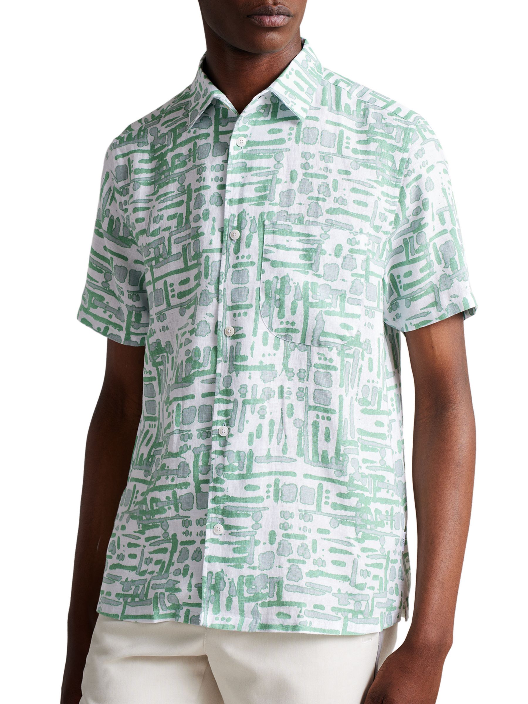 Ted Baker Compter Short Sleeve Revere Printed Linen Shirt, Green