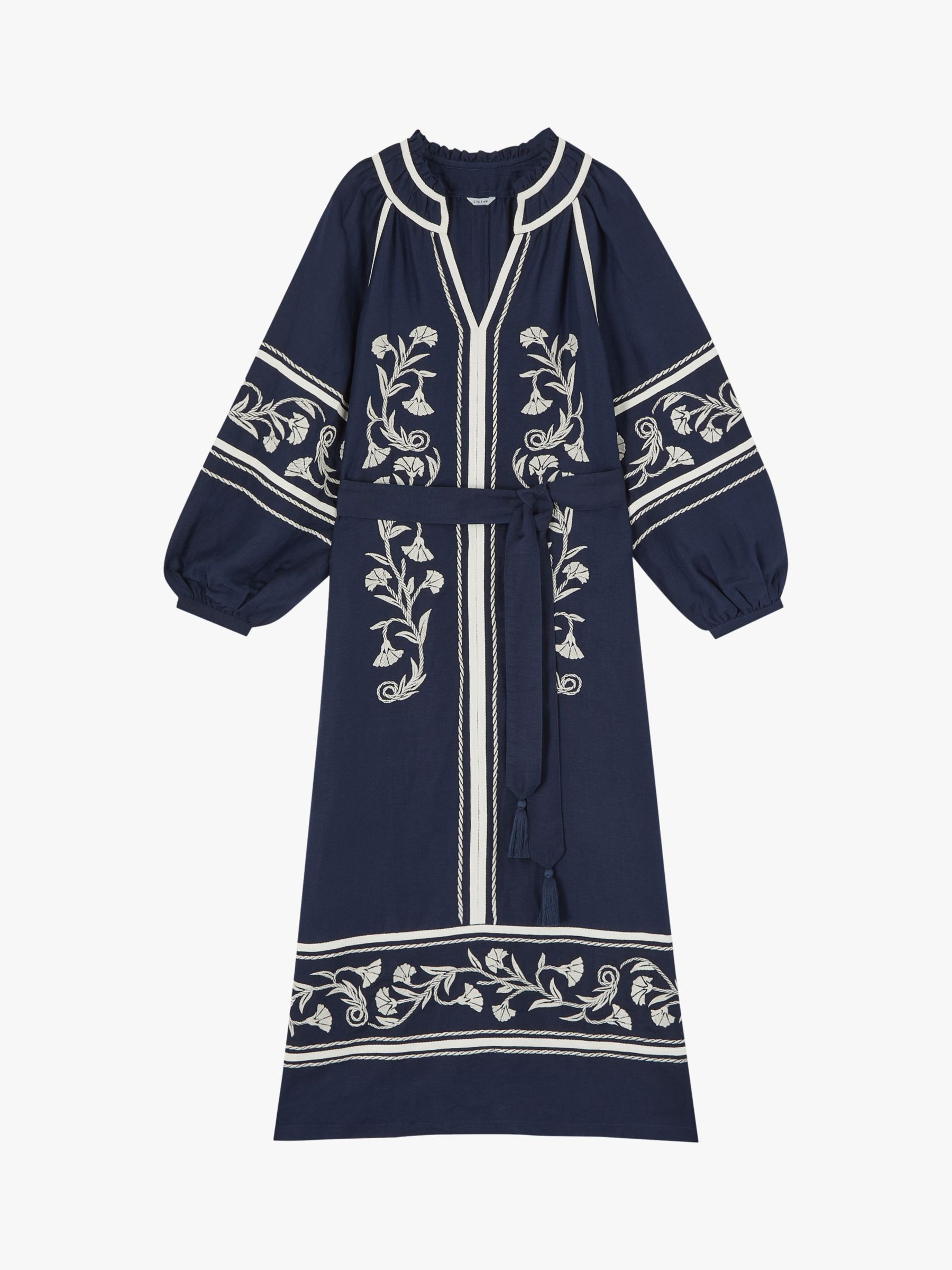 Jigsaw Linen Blend Embroidered Maxi Dress, Navy
