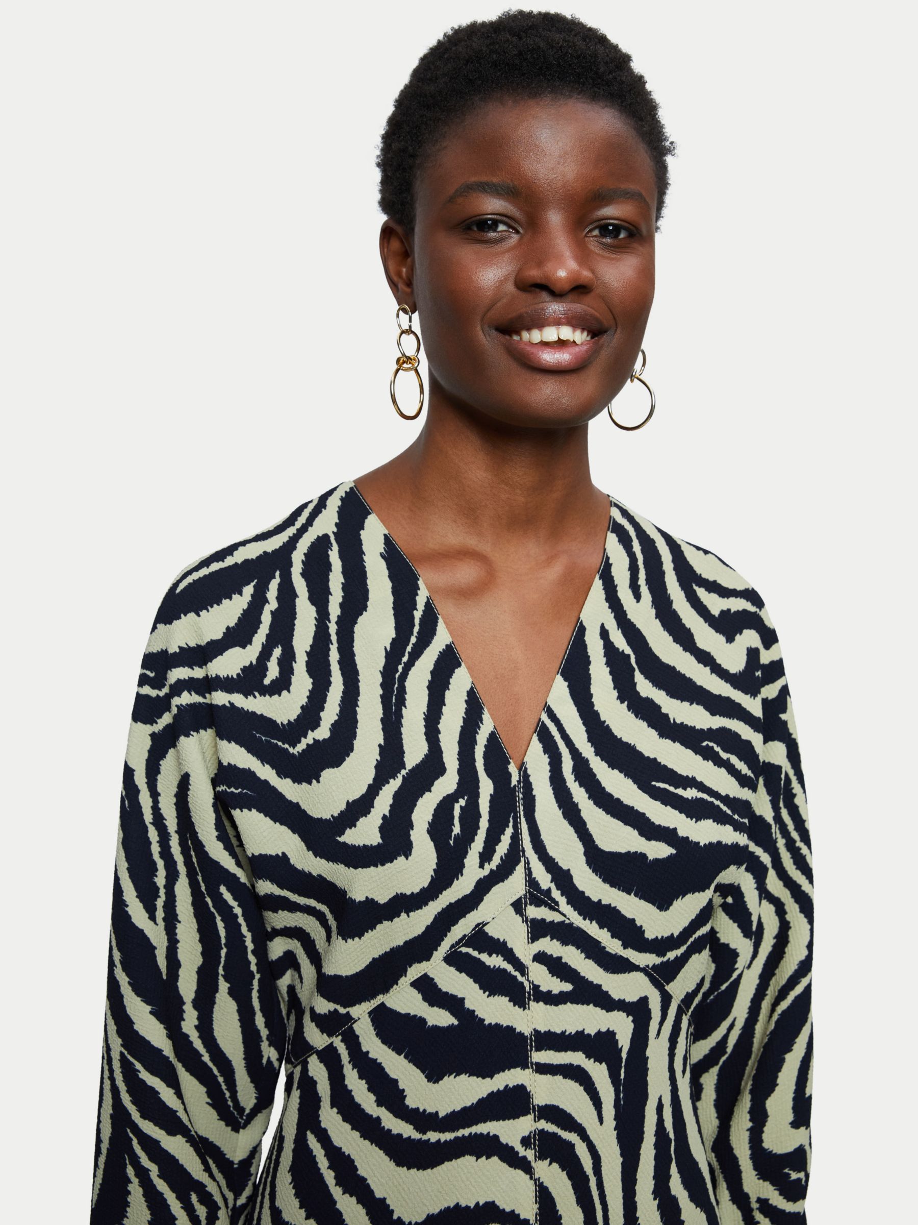 Jigsaw Ikat Zebra Print Midi Dress, Khaki/Black