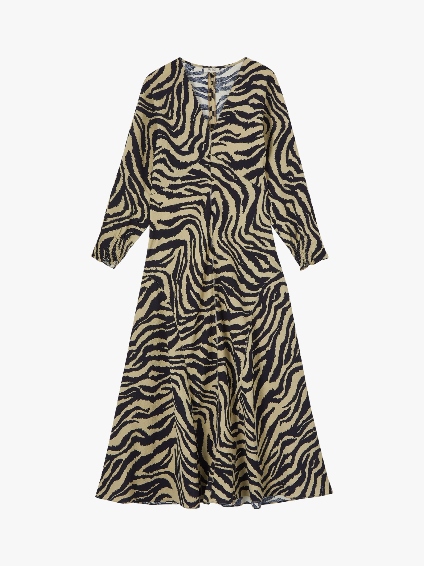 Jigsaw Ikat Zebra Print Midi Dress, Khaki/Black
