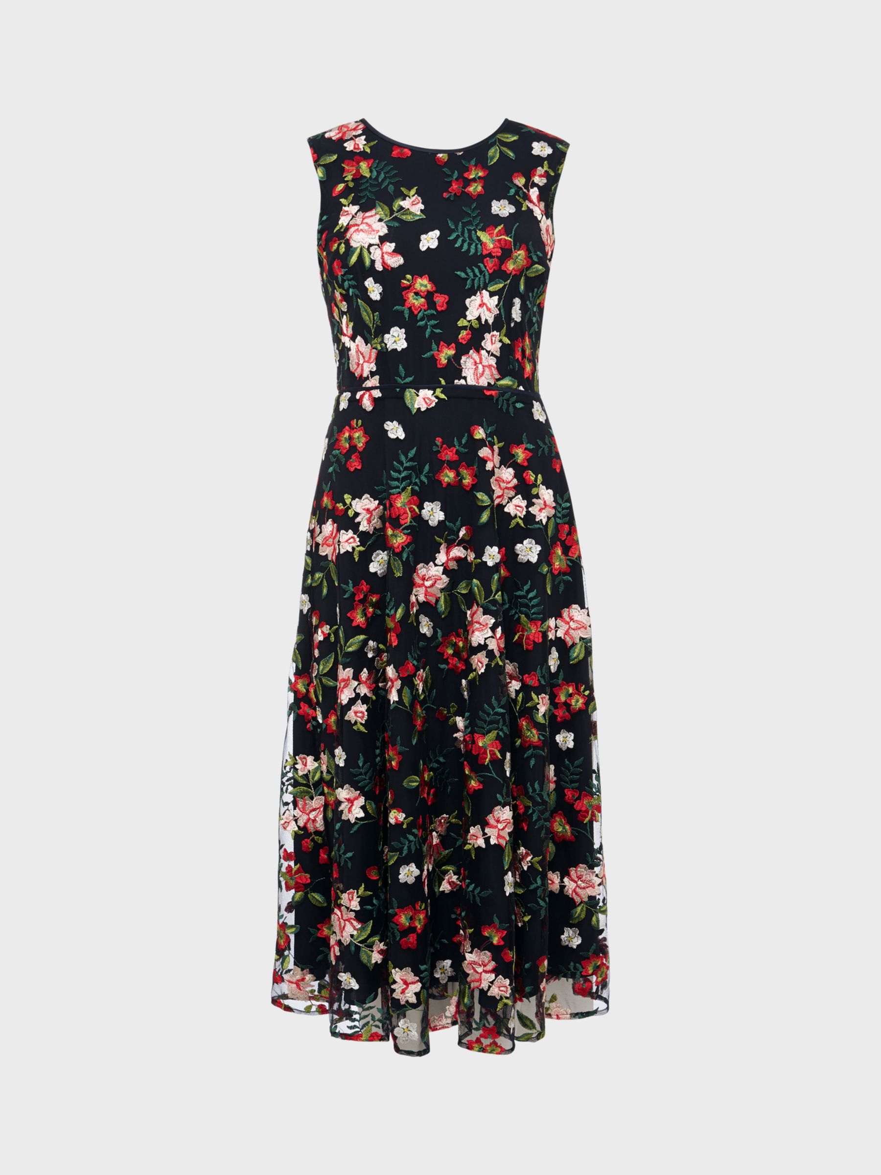 Hobbs Rosella Floral Embroidered Flared Midi Dress, Navy/Multi, 12