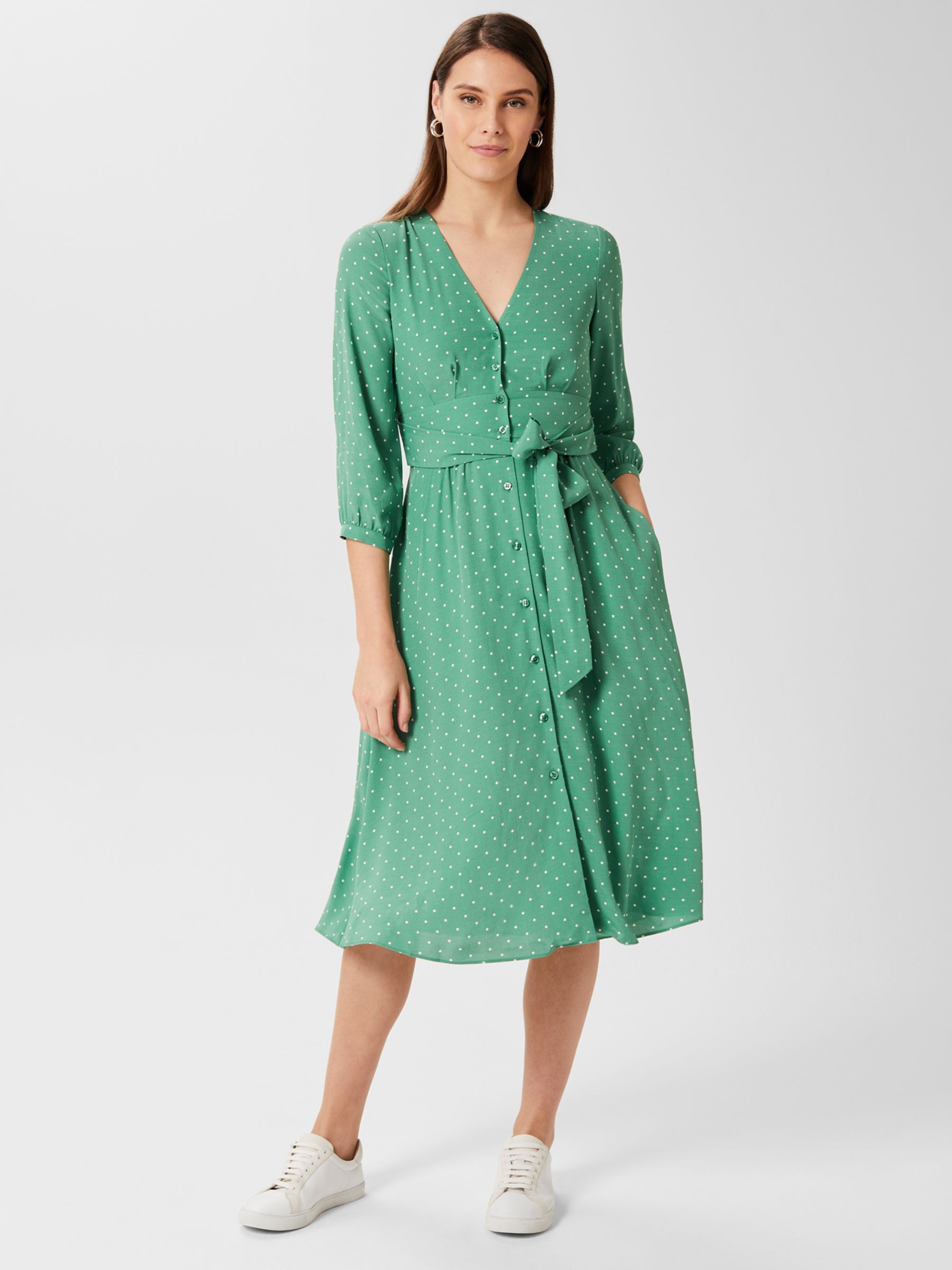 Hobbs Magnolia Polka Dot Midi Dress, Green/Ivory at John Lewis & Partners