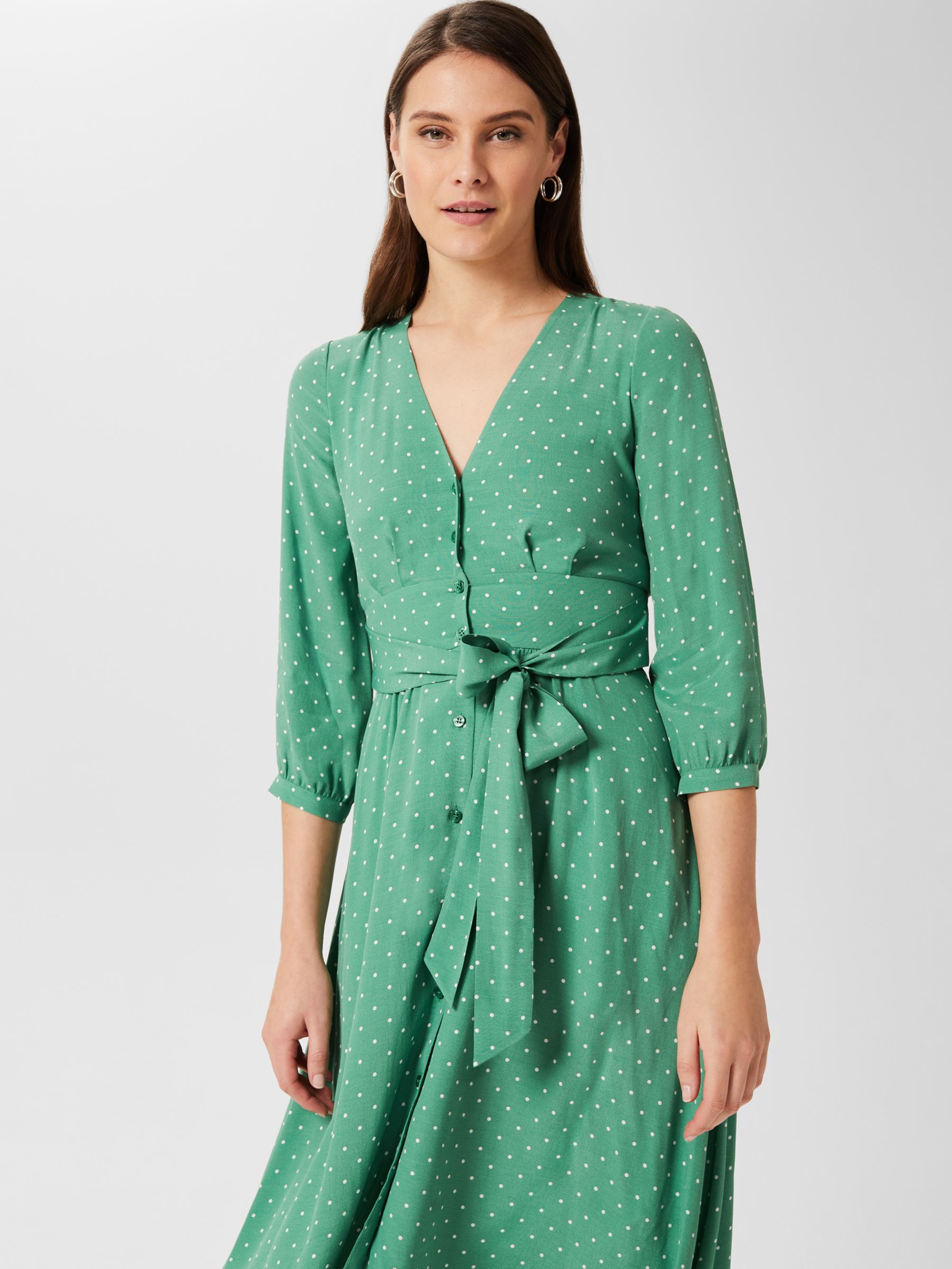 Hobbs Magnolia Polka Dot Midi Dress, Green/Ivory, 6