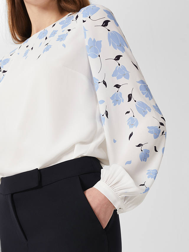 Hobbs Zoey Floral Placement Print Blouse, Ivory/Blue