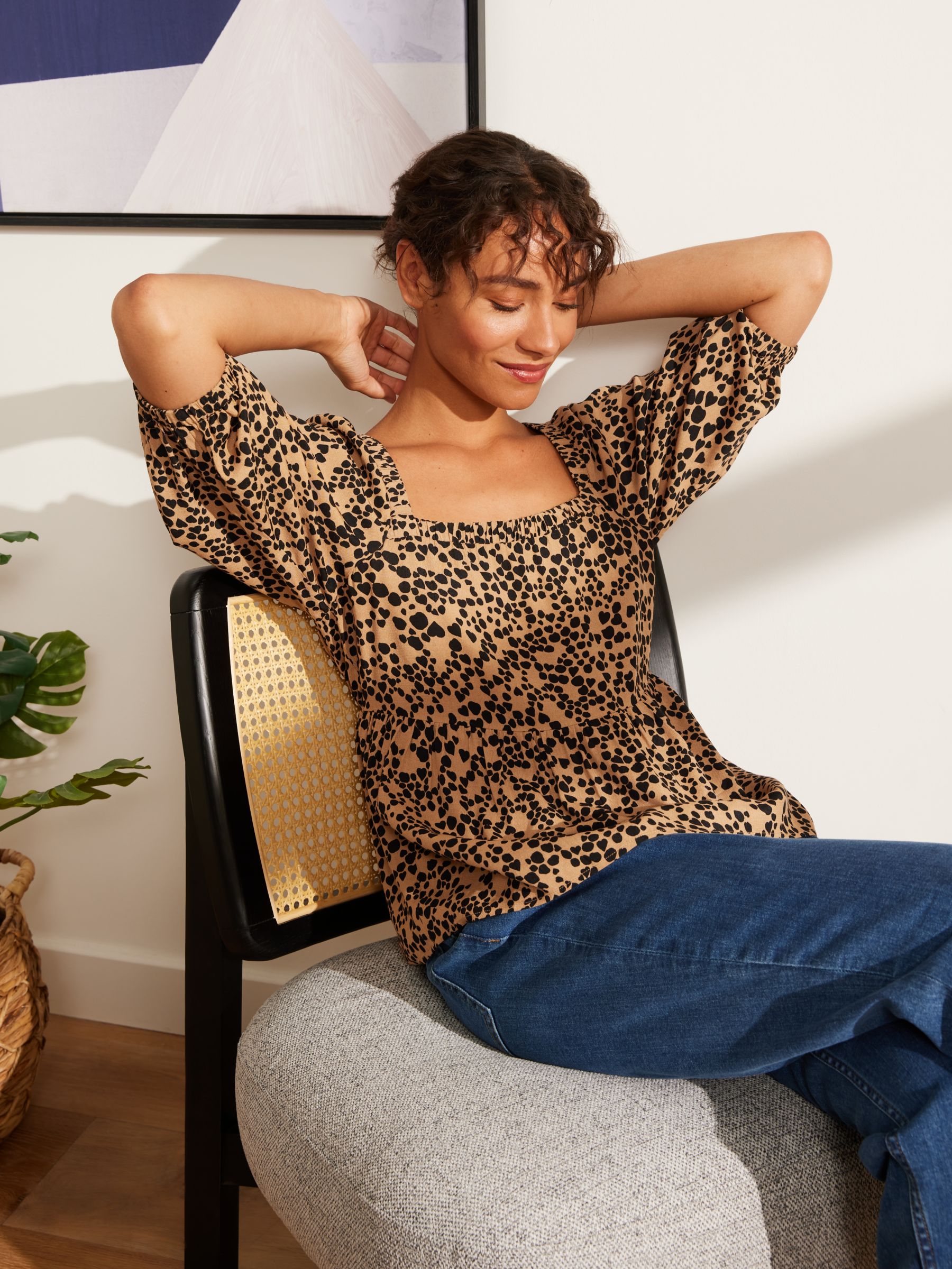 John Lewis ANYDAY Heart Animal Print Square Neck Puff Sleeve Top