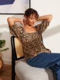 John Lewis ANYDAY Heart Animal Print Square Neck Puff Sleeve Top, Neutral