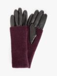 John Lewis Knitted Cuff Leather Gloves, Black/Claret