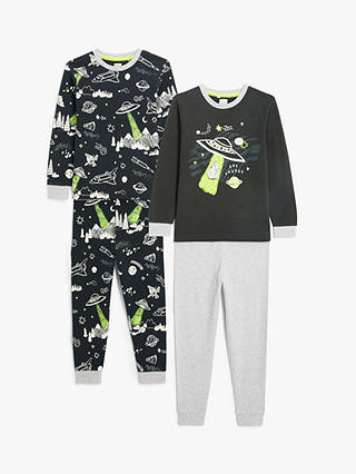 John Lewis Kids' Space Print Pyjamas, Pack of 2, Grey/Green