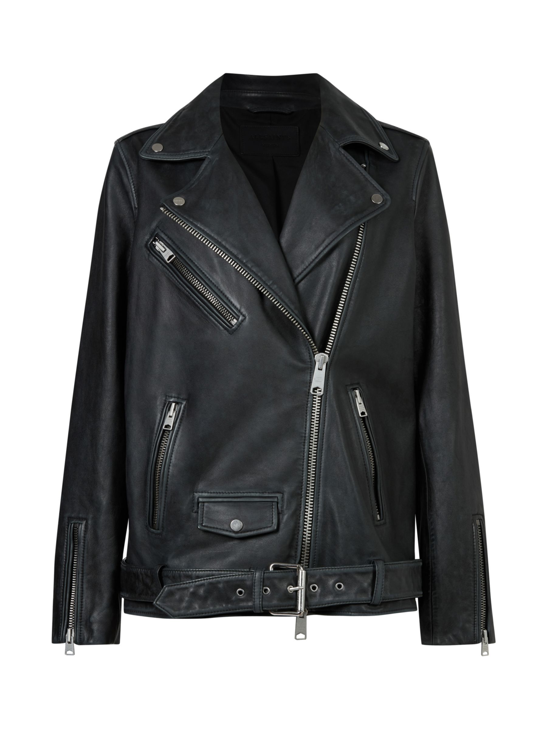 AllSaints Billie Leather Biker Jacket, Black/Silver Studs at John Lewis ...