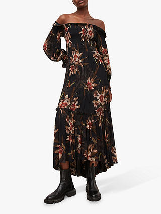AllSaints Lillemor Shirred Floral Maxi Dress, Black/Multi