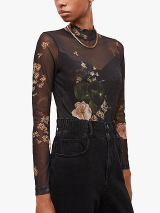 AllSaints Elia Asago Floral Print Bodysuit, Black