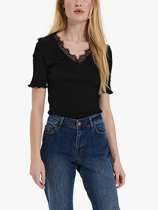 Saint Tropez Maya Cotton and Silk Lace Trim T-Shirt, Black