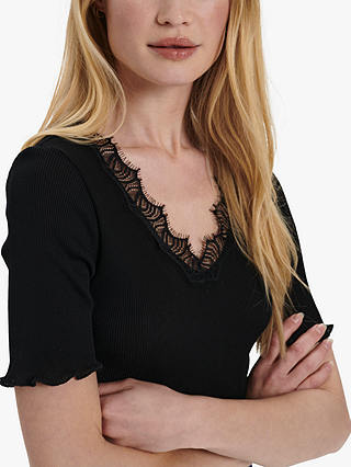 Saint Tropez Maya Cotton and Silk Lace Trim T-Shirt, Black