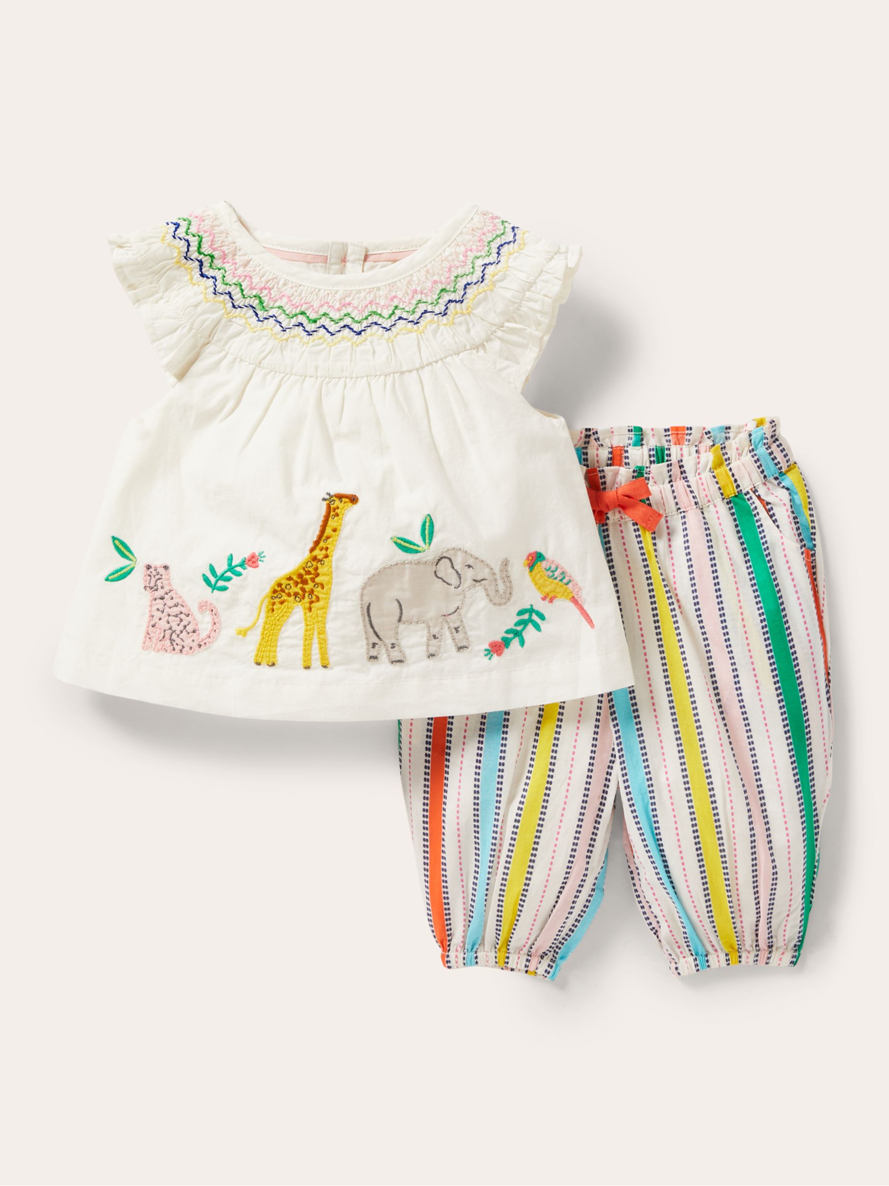 Mini Boden Baby Animal Safari & Striped Trousers Set, Ivory, Newborn