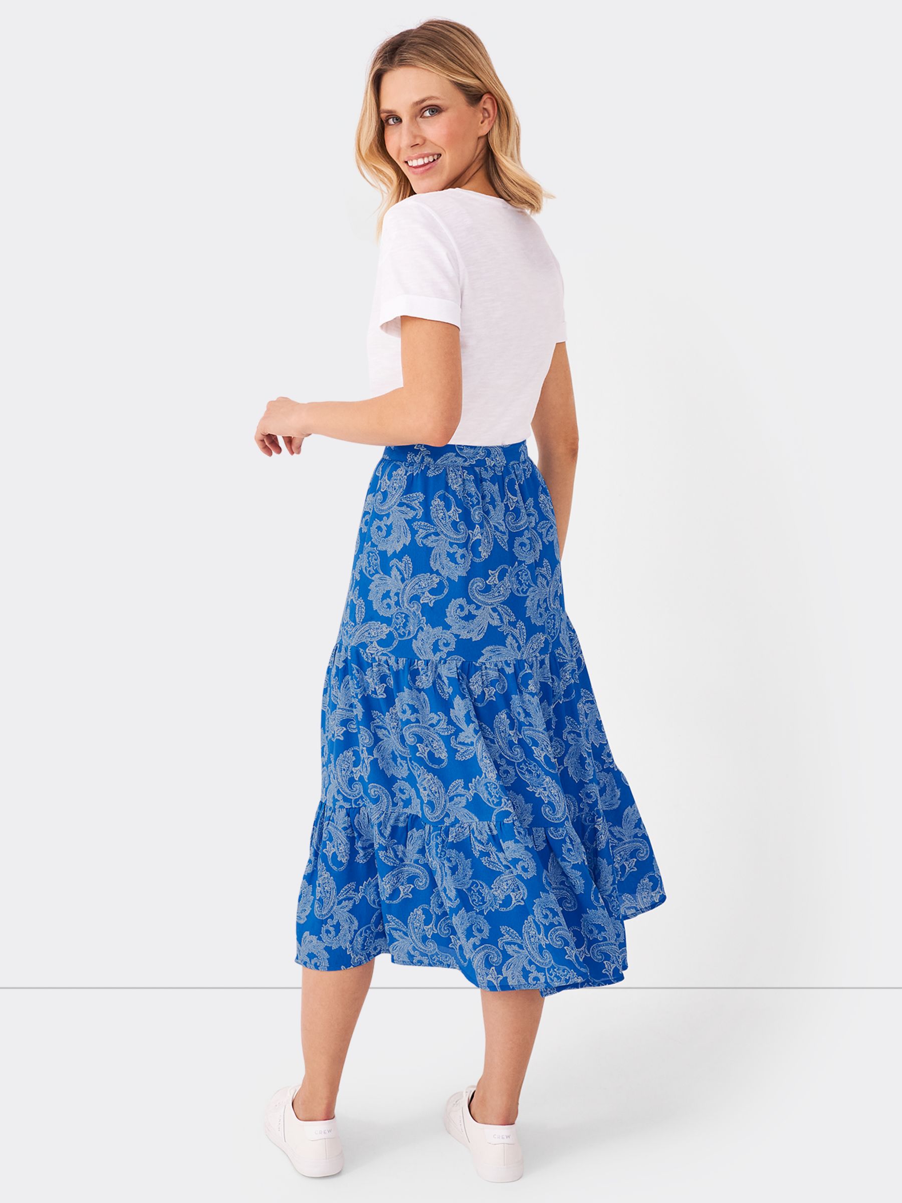 Crew Clothing Paisley Tiered Midi Skirt, Blue/White