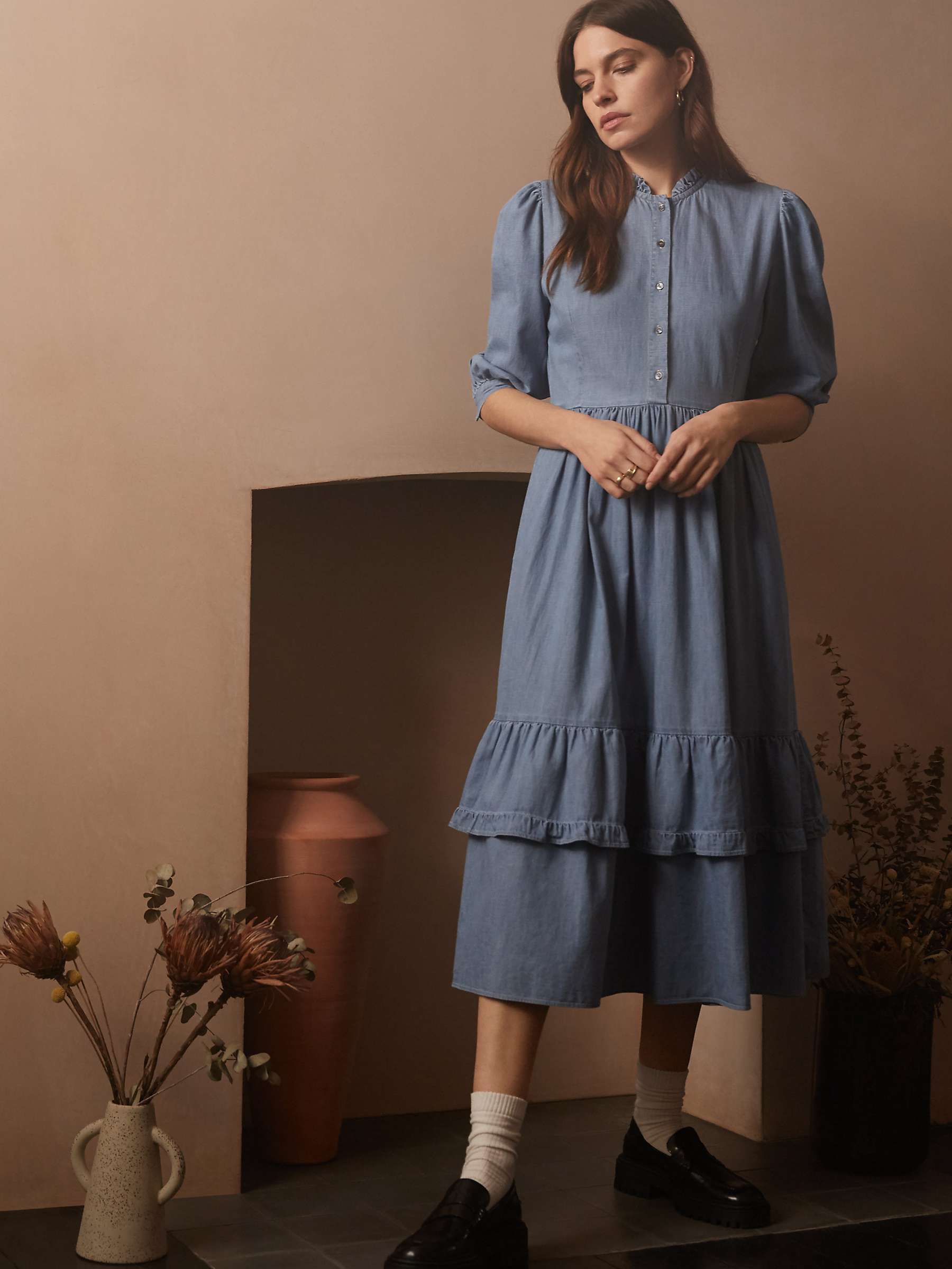 Buy Baukjen Alicia Tiered Hem Midi Dress, Light Indigo Wash Online at johnlewis.com