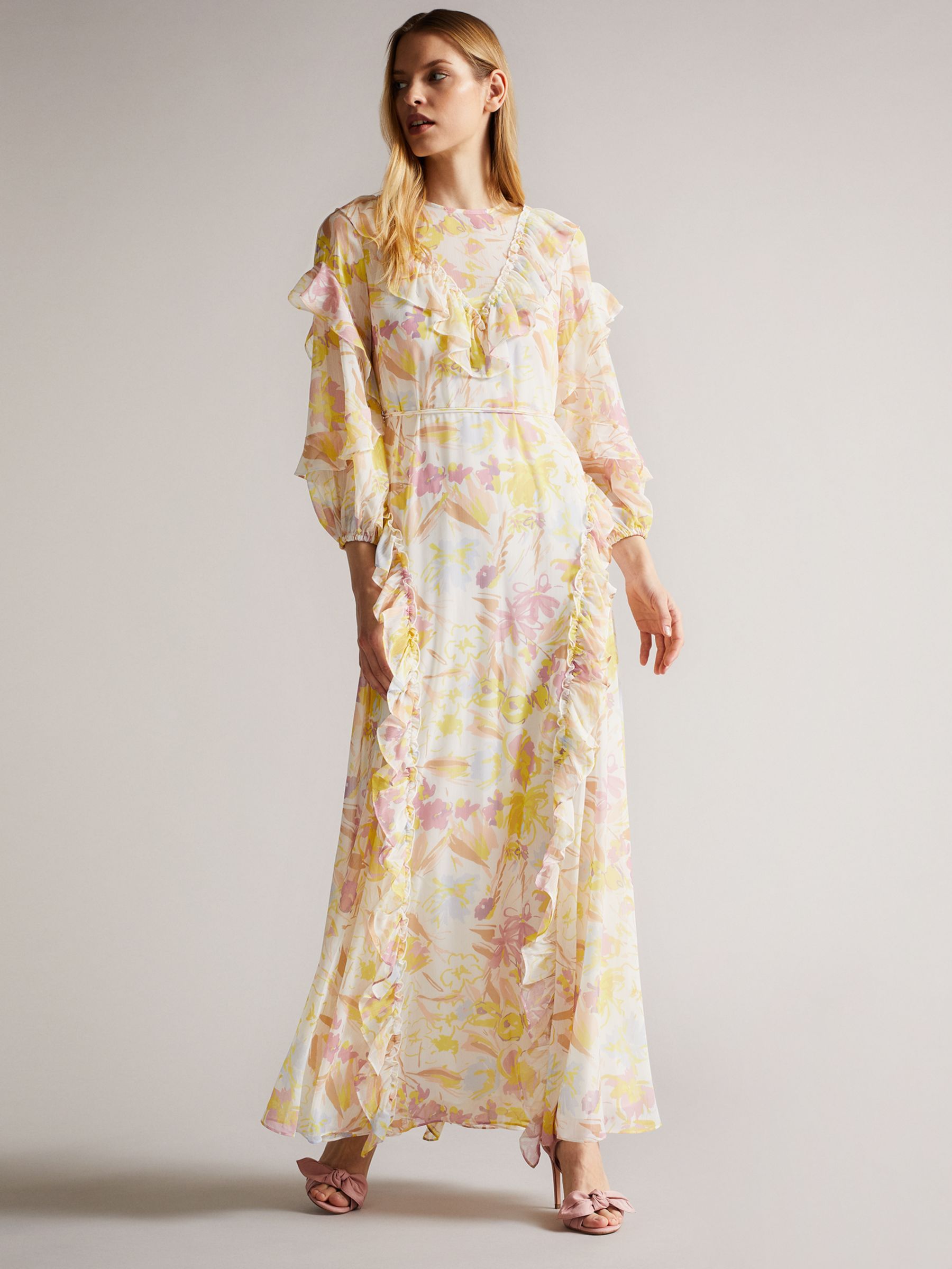 Ted Baker Leyona Floral Ruffle Maxi Dress, White/Multi, 6