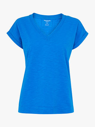 Whistles Willa Organic Cotton V-Neck Cap Sleeve T-Shirt, Blue