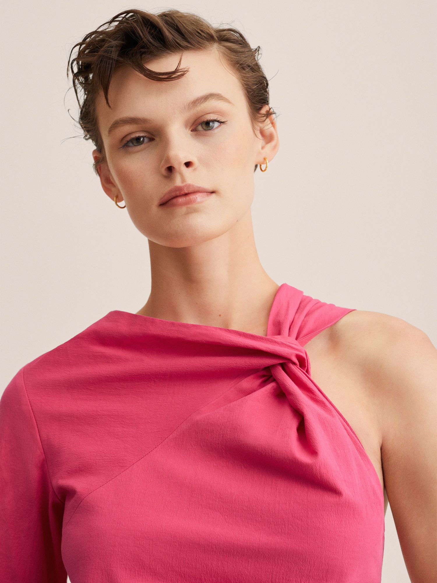 Mango Lina Asymmetric Neck Mini Dress, Bright Pink at John Lewis & Partners