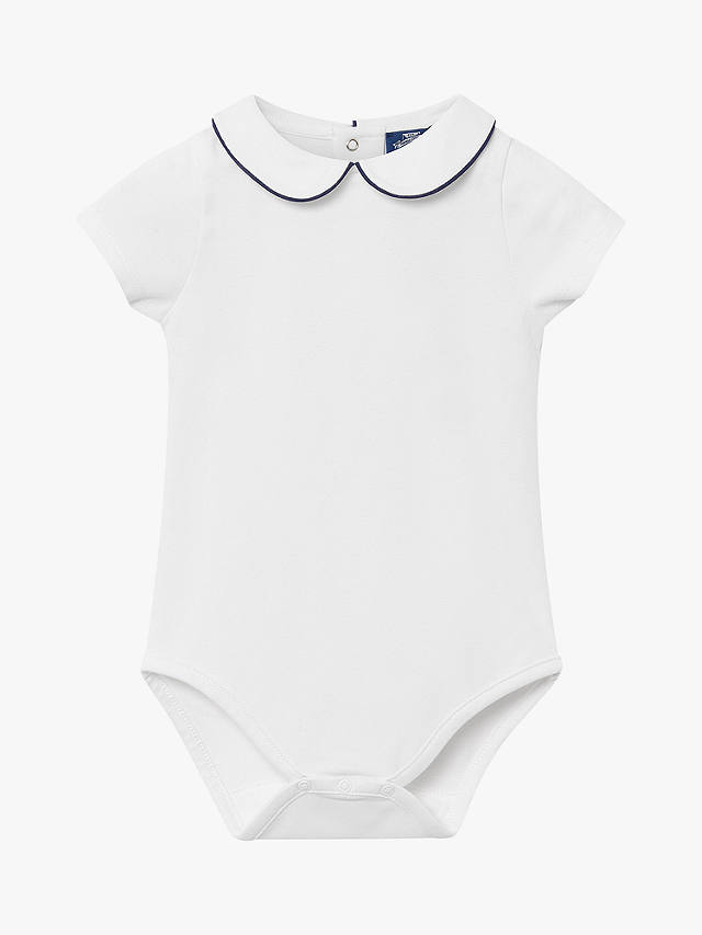 Trotters Thomas Brown Baby Milo Piped Short Sleeve Jersey Bodysuit, White/Navy