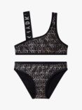 DKNY Kids' Logo Asymmetric Strap Bikini, Black/Gold