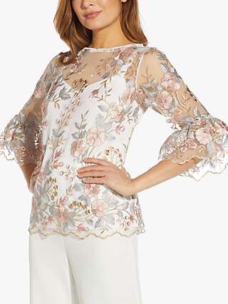 Adrianna Papell Embroidered Mesh Blouse, White/Multi