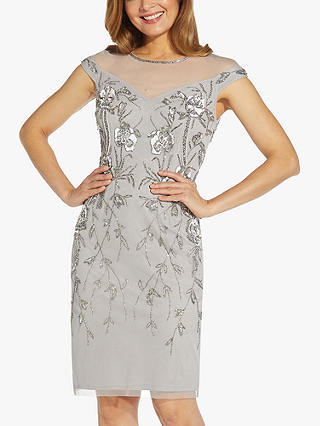 Adrianna Papell Floral Embellishment Mesh Dress, Bridal Silver